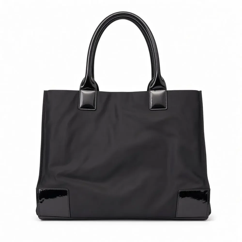 Tory Burch Ella Large Black Nylon Patent Logo Tote Bag Spacious Everyday